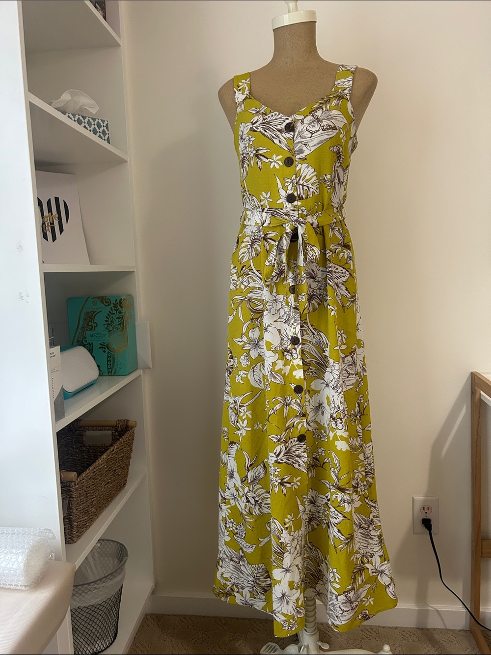 Monteau Chartreuse Yellow Floral Tie-Waist Maxi Dress
